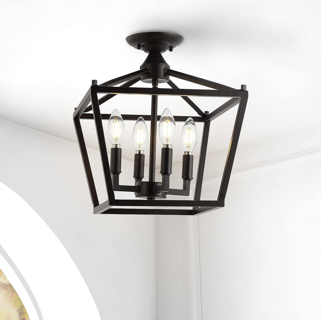 JONATHAN Y 12' Oil Rubbed Bronze Modern Farmhouse Pagoda 4-Light LED Semi Flush Mount Lantern, Metal Ceiling Light Fixture for Kitchen, Hallway, Entryway, Bedroom, Hardwired JYL7610A