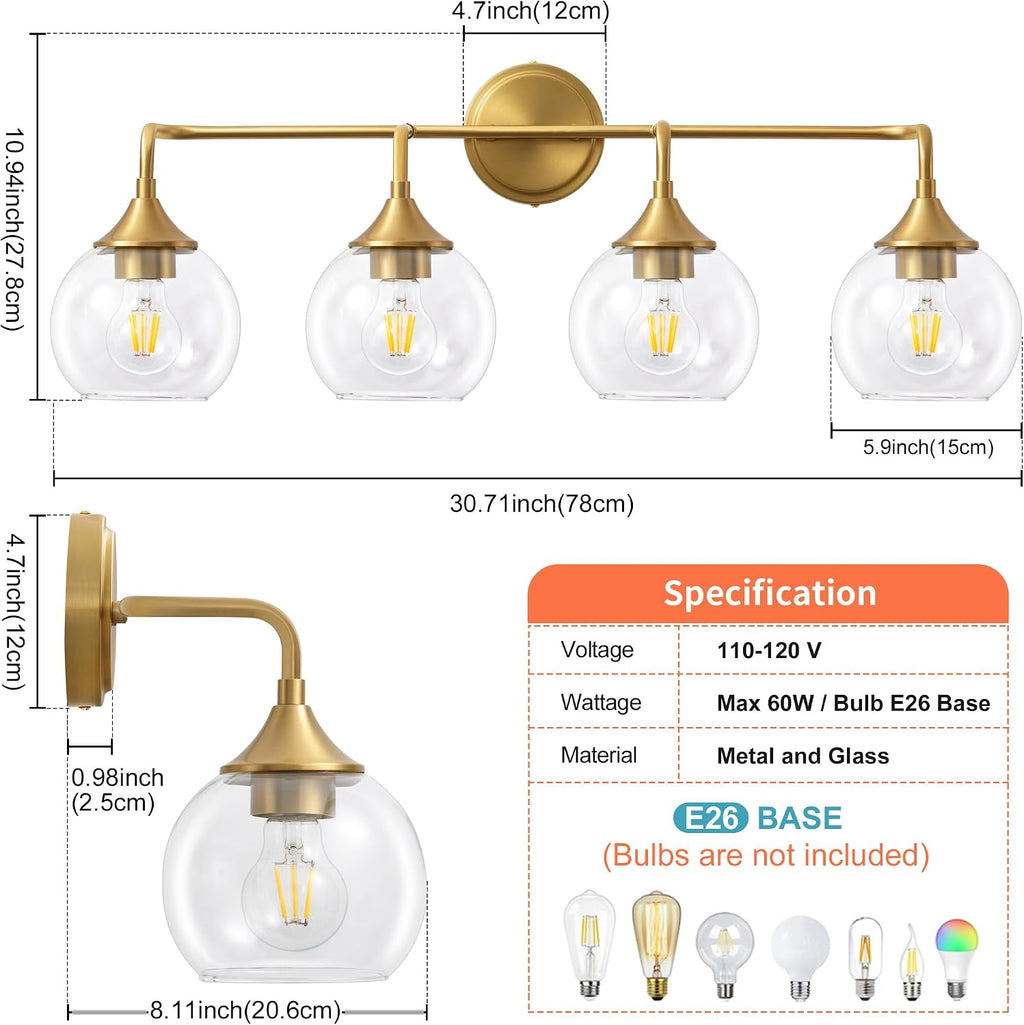 Bathroom Vanity Light Gold, 4 Light Bathroom Light Fixtures Over Mirror with Clear Glass Shade, 31 inch Vanity Lights for Bathroom Farmhouse (Exclude E26 Bulb)