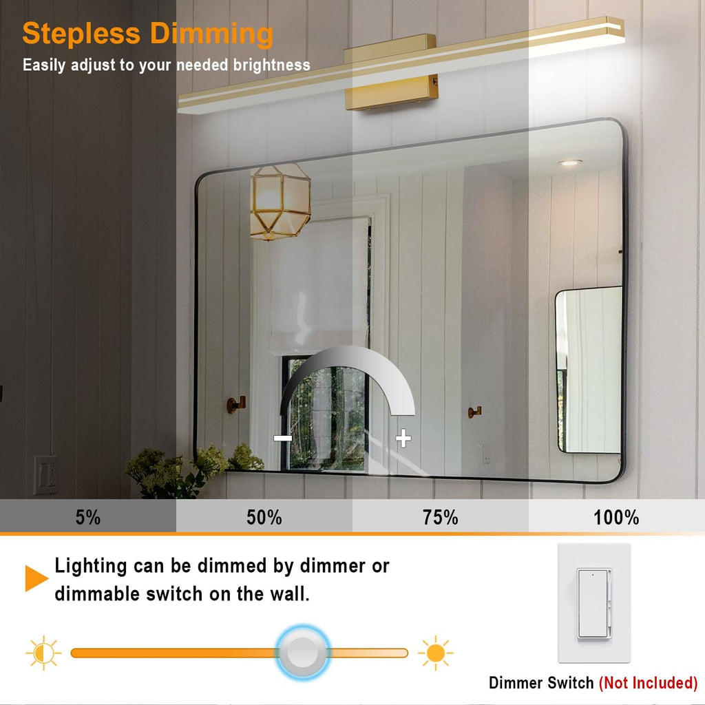 SineRise LED Modern Bathroom Vanity Light Fixtures (40-Inch, 3000K/4000K/6000K, Dimmable), Gold Modern Acrylic Bathroom Wall Lighting Fixtures Over Mirror
