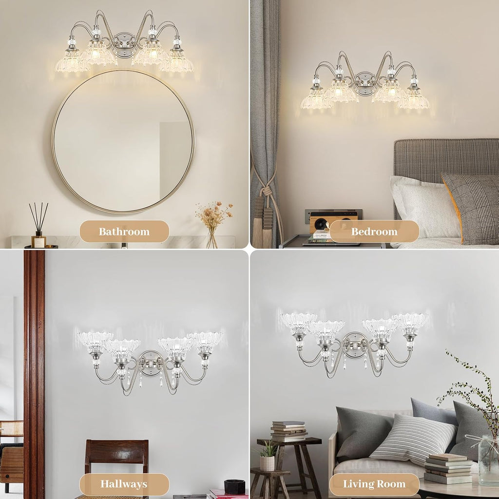 Brushed Nickel Bathroom Vanity Light, 4-Light Nickel Finish Wall Sconce with Hanging Crystal Accents and Flower-Shaped Clear Glass Shades, Modern Wall Mount Vanity Light Over Mirror for Bathroom