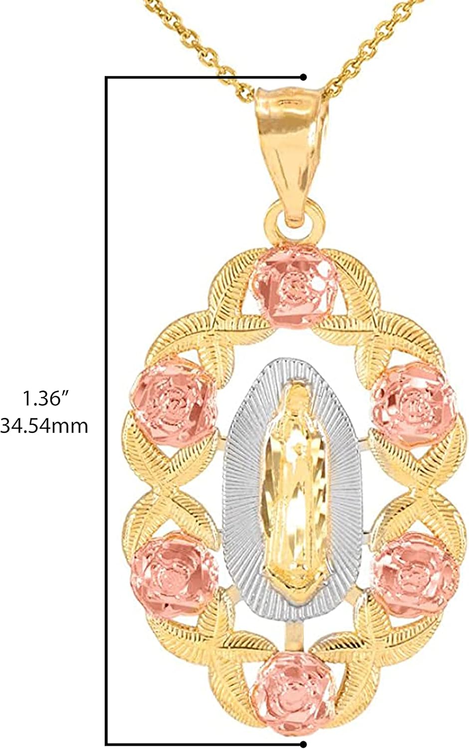 Saint Collection 14K Tri-Color Gold Our Lady of Guadalupe Miraculous Immaculate Conception Catholic Scalloped Oval Pendant Necklace - Choice of Length