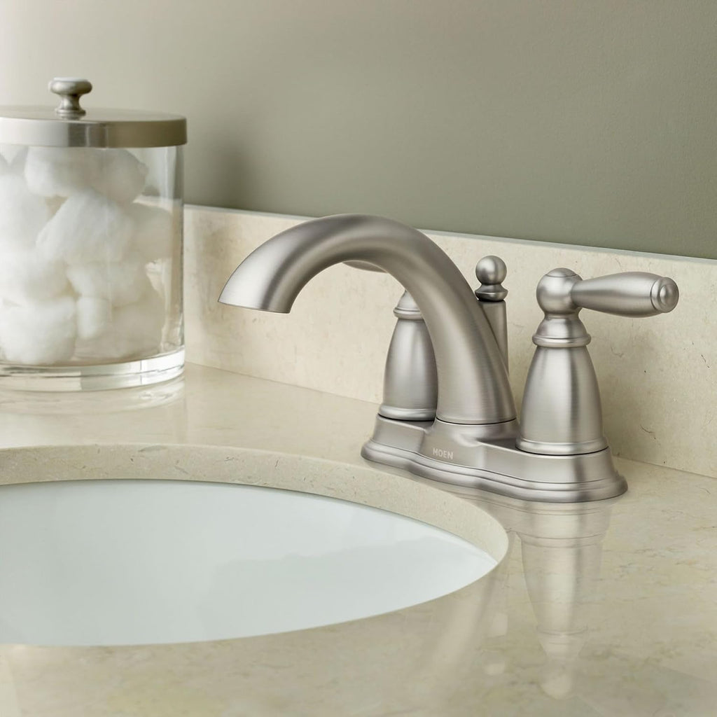 Moen Brantford Brushed Nickel Two-Handle Low-Arc Traditional Centerset Bathroom Faucet with Drain Assembly, 6610BN