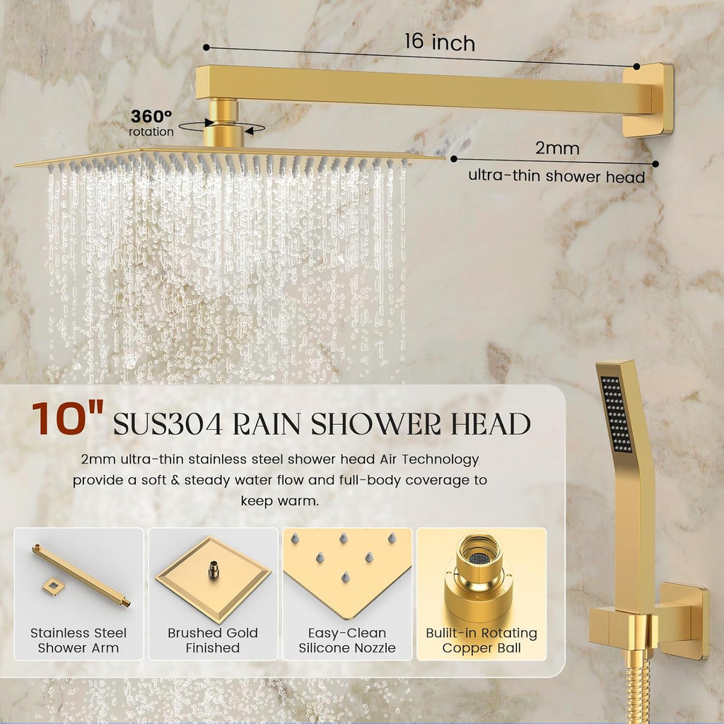 Longriver S200 Shower Faucet Set, Shower System Bathroom High Pressure 10 Inches Rainfall Shower Head with Handheld Spray, Wall Mounted Shower Fixtures with Shower Valve and Trim Kit, Brushed Gold