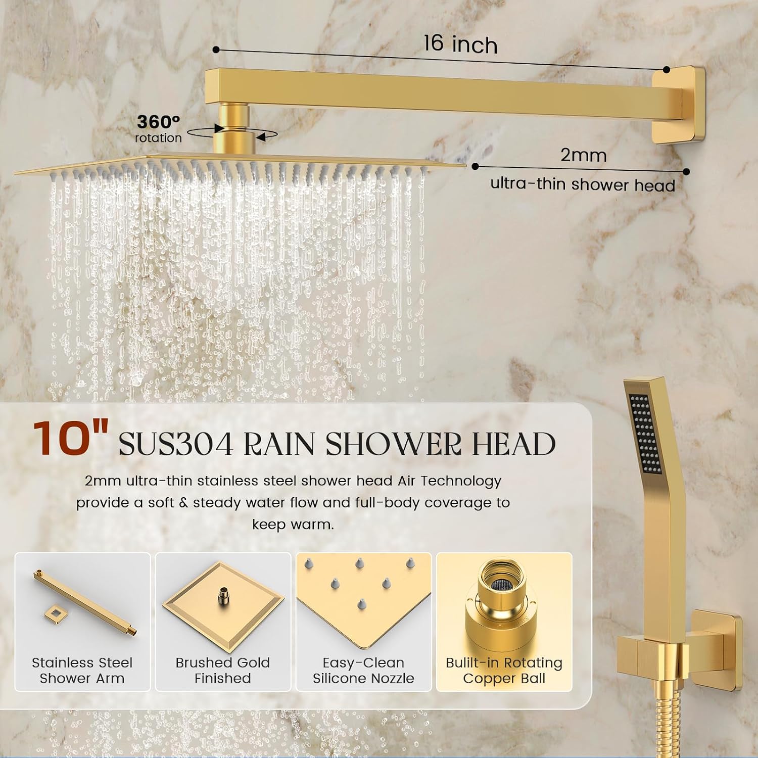 Longriver S200 Shower Faucet Set, Shower System Bathroom High Pressure 10 Inches Rainfall Shower Head with Handheld Spray, Wall Mounted Shower Fixtures with Shower Valve and Trim Kit, Brushed Gold