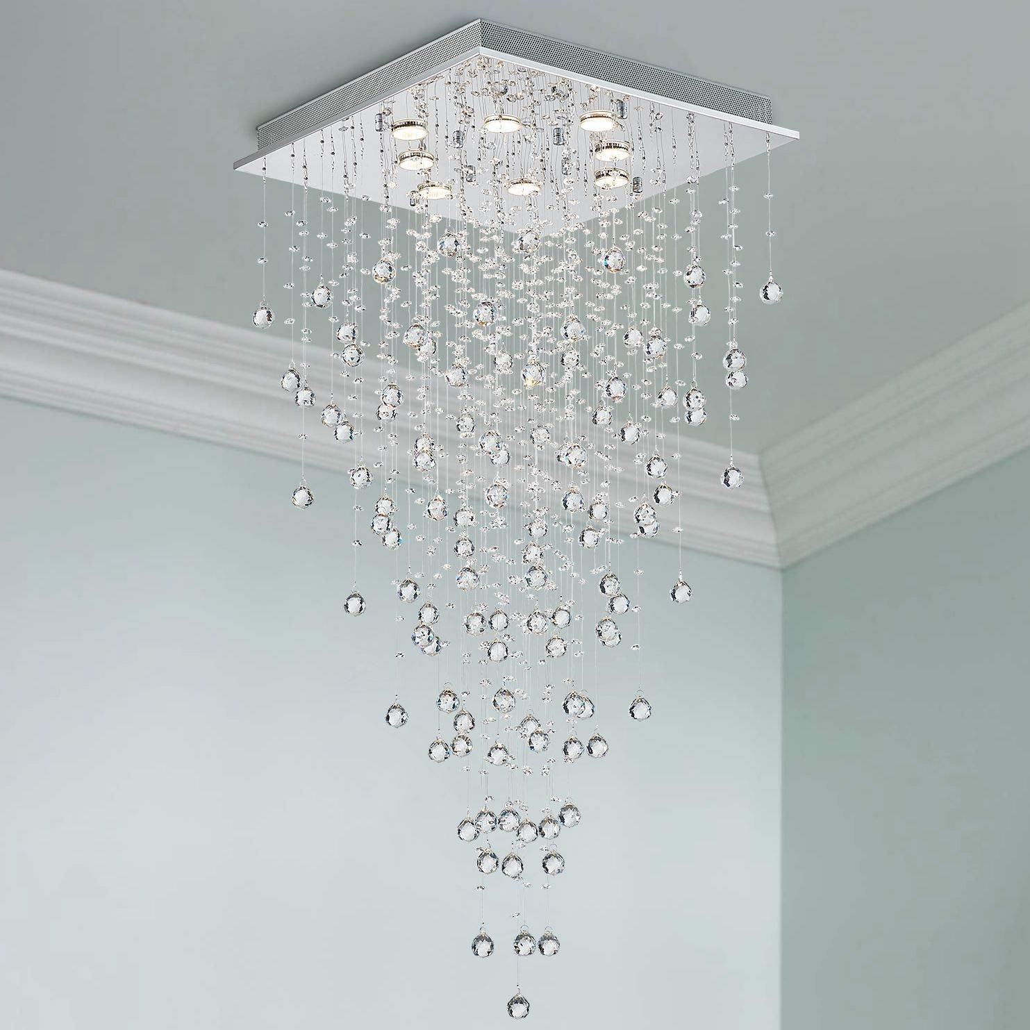 Bestier Modern Crystal Square Raindrop Chandelier Lighting Flush Mount LED Ceiling Light Fixture Pendant Lamp for Dining Room Bathroom Bedroom Livingroom 8 GU10 Bulbs Required 22 in Wide 47 inch High