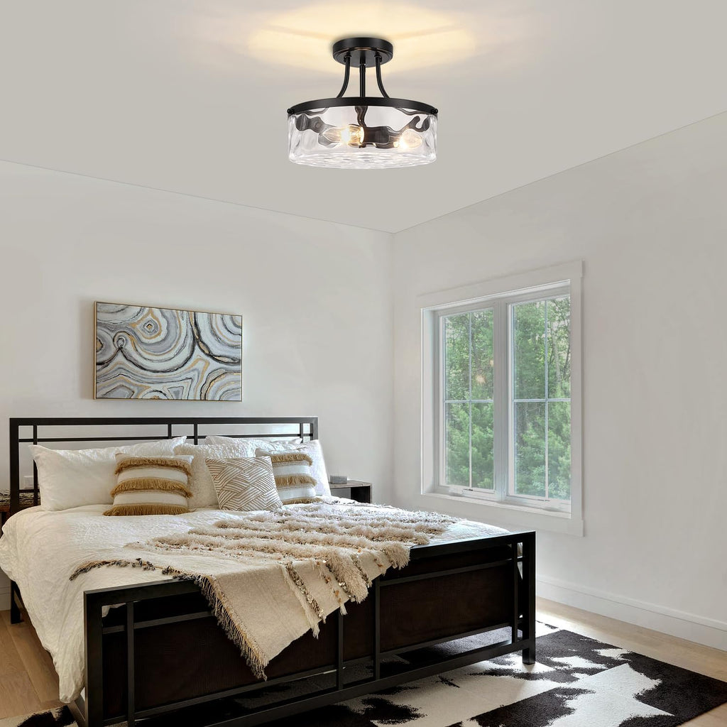 TOULMJ Black Semi Flush Mount Ceiling Light, 11.81' Hammered Glass Light Fixture, 3-Light Modern Hallway Lights Fixture for Kitchen Entryway Bedroom Foyer Laundry Dining Room