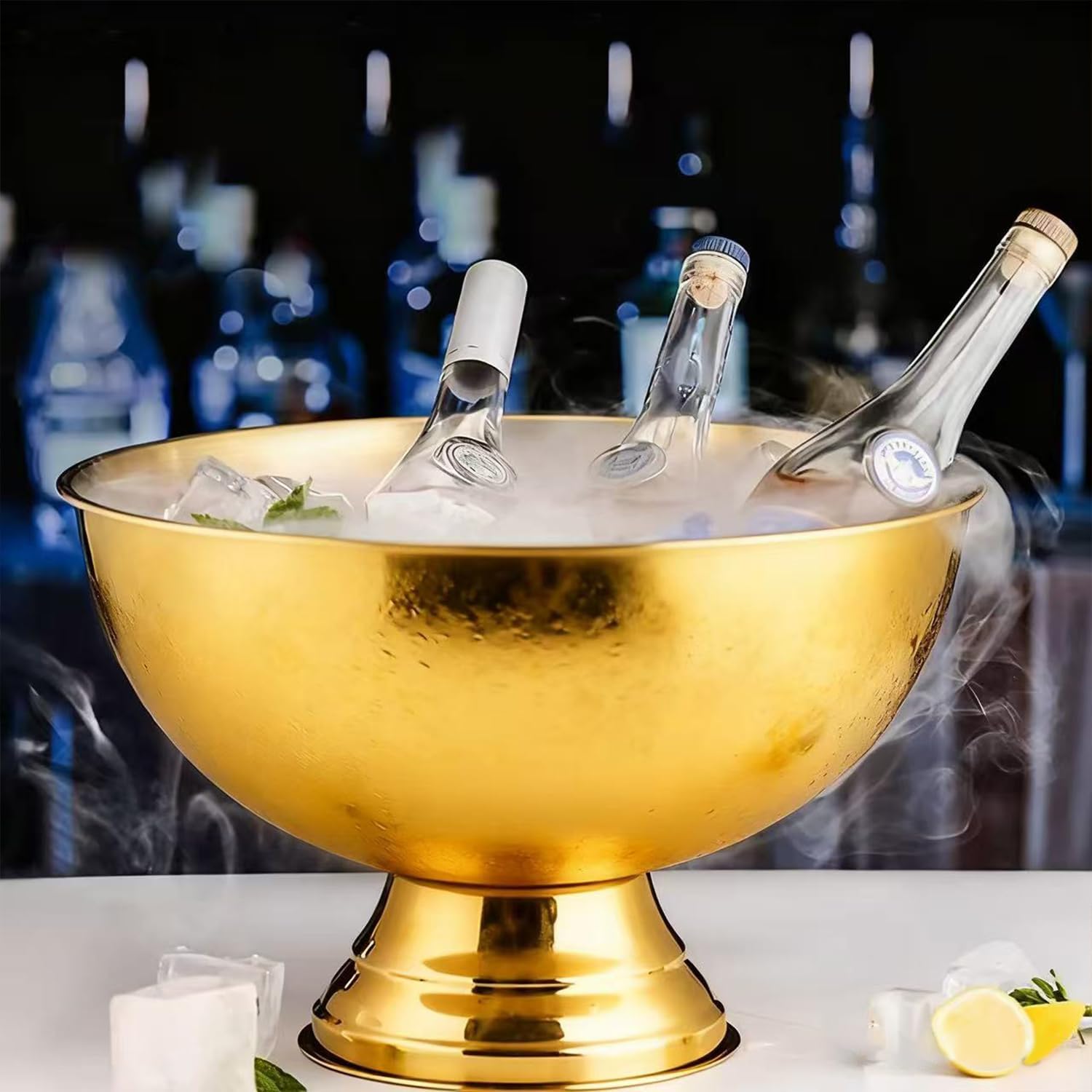 Large Ice Bucket 13L Stainless Steel Champagne Bowl Ice Bucket with Ice Scoop Semicircle Drink Tub with Integrated Base Silver Beverage Tub for Parties, Cocktail Bar, Chilling Wine (2 Packs-Gold)