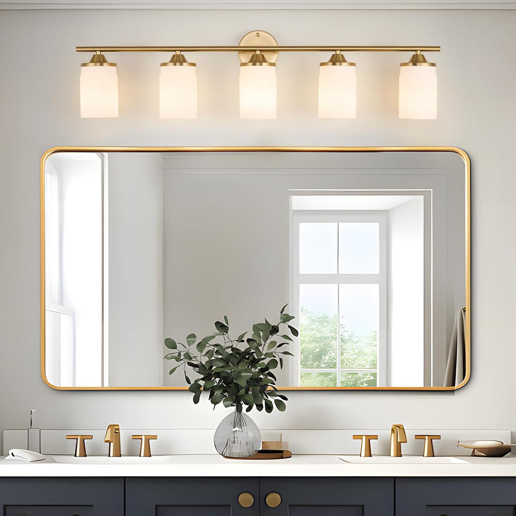 Jonsi Gold Bathroom Light Fixtures 5-Light Vanity Lights Modern Wall Sconce with Milk White Shade Brushed Brass Bathroom Light Fixture Over Mirror for Bedroom Hallway Kitchen