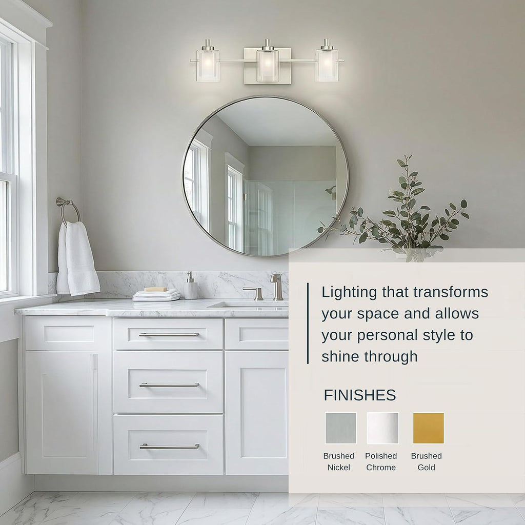 Quoizel Kolt 21' LED Vanity Light, 3-Light Brushed Nickel, Clear Sandblasted Glass, Modern Bathroom Fixture Over Mirror