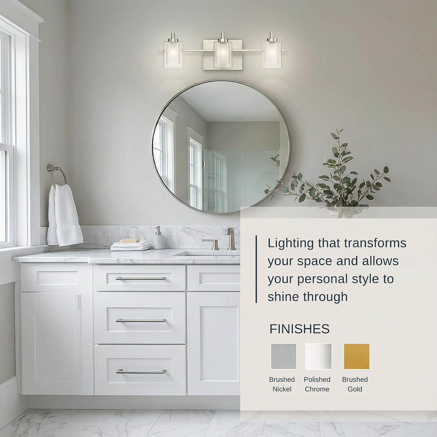 Quoizel Kolt 21' LED Vanity Light, 3-Light Brushed Nickel, Clear Sandblasted Glass, Modern Bathroom Fixture Over Mirror