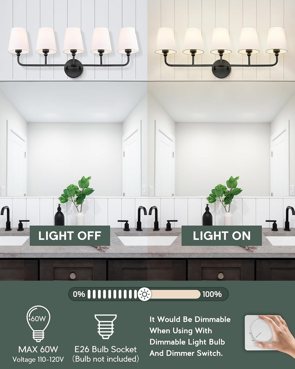 Bathroom Light Fixtures, 5 Light Matte Black Vanity Lights with Flared White Fabric Shade, 35 Inch Wall Sconce, Modern Sconces Wall Lighting for Hallway Bedroom, VL837-MB-5