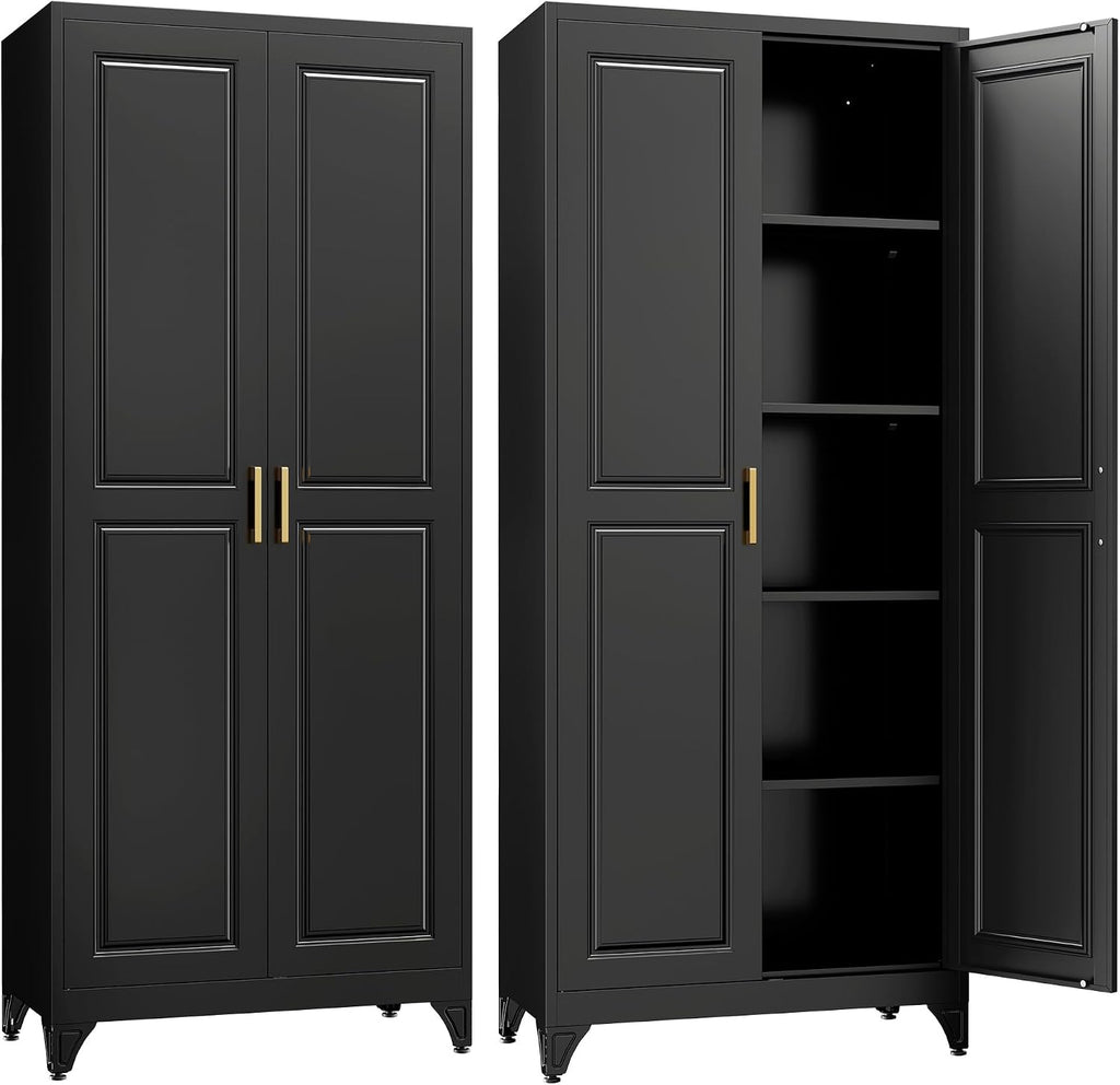SteeLoong Kitchen Pantry Cabinet,75'Black Metal Storage Cabinets with Doors and 4 Adjustable Shelves,Kitchen Cabinet with 2 Gold Handles,Tall Cabinet for Livingroom, Bathroom
