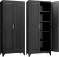 SteeLoong Kitchen Pantry Cabinet,75'Black Metal Storage Cabinets with Doors and 4 Adjustable Shelves,Kitchen Cabinet with 2 Gold Handles,Tall Cabinet for Livingroom, Bathroom