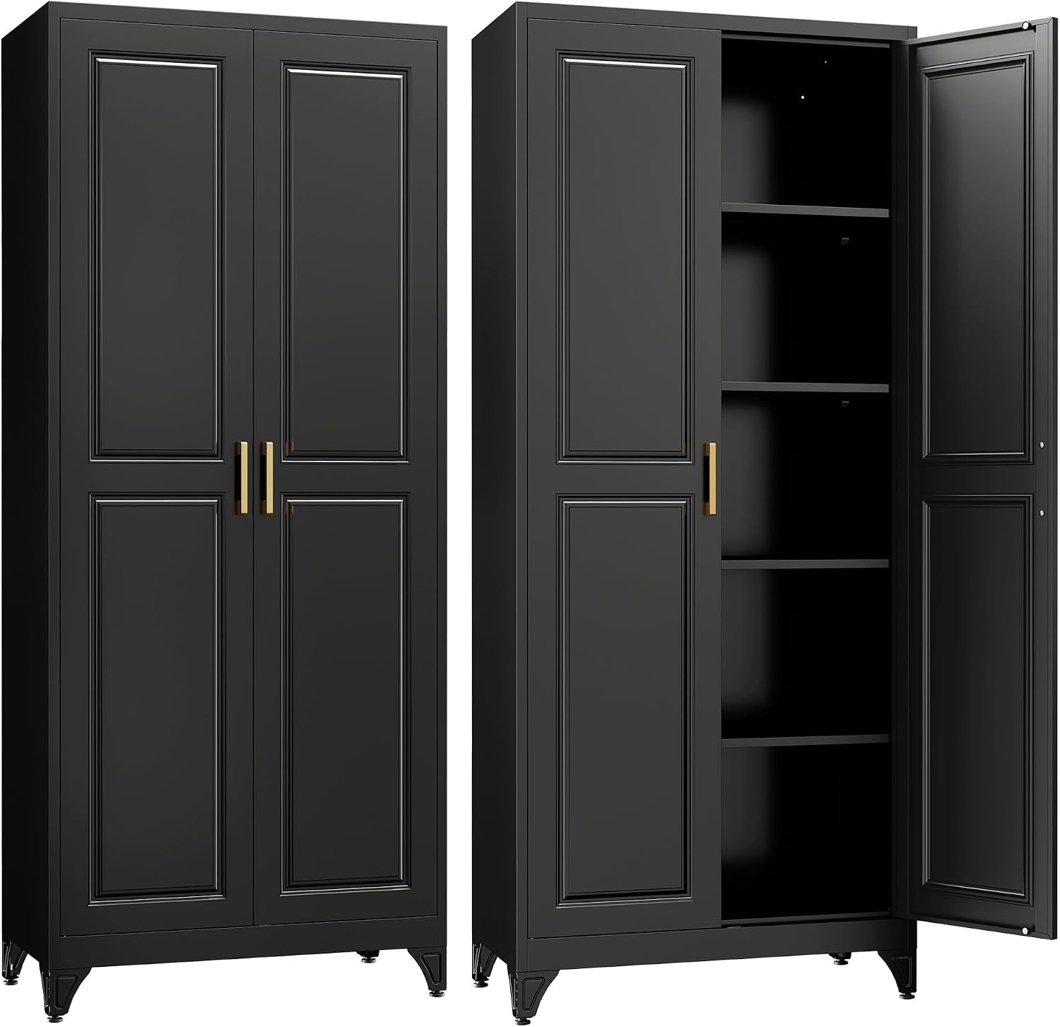 SteeLoong Kitchen Pantry Cabinet,75'Black Metal Storage Cabinets with Doors and 4 Adjustable Shelves,Kitchen Cabinet with 2 Gold Handles,Tall Cabinet for Livingroom, Bathroom
