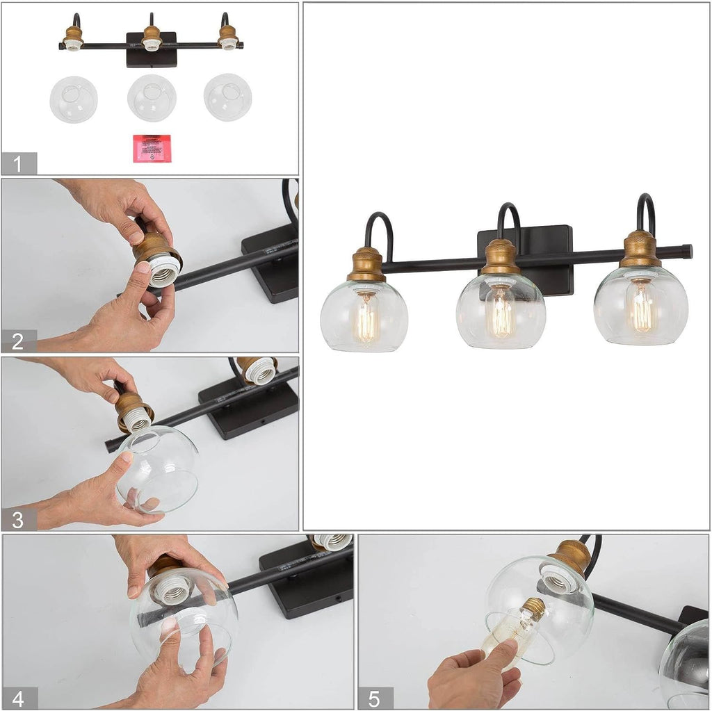 KSANA Farmhouse Bathroom Light Fixture, Modern Black Gold 3-Light Vanity Light with Opening Clear Glass Shade, Modern Antique Brass Wall Lamp Over Mirror