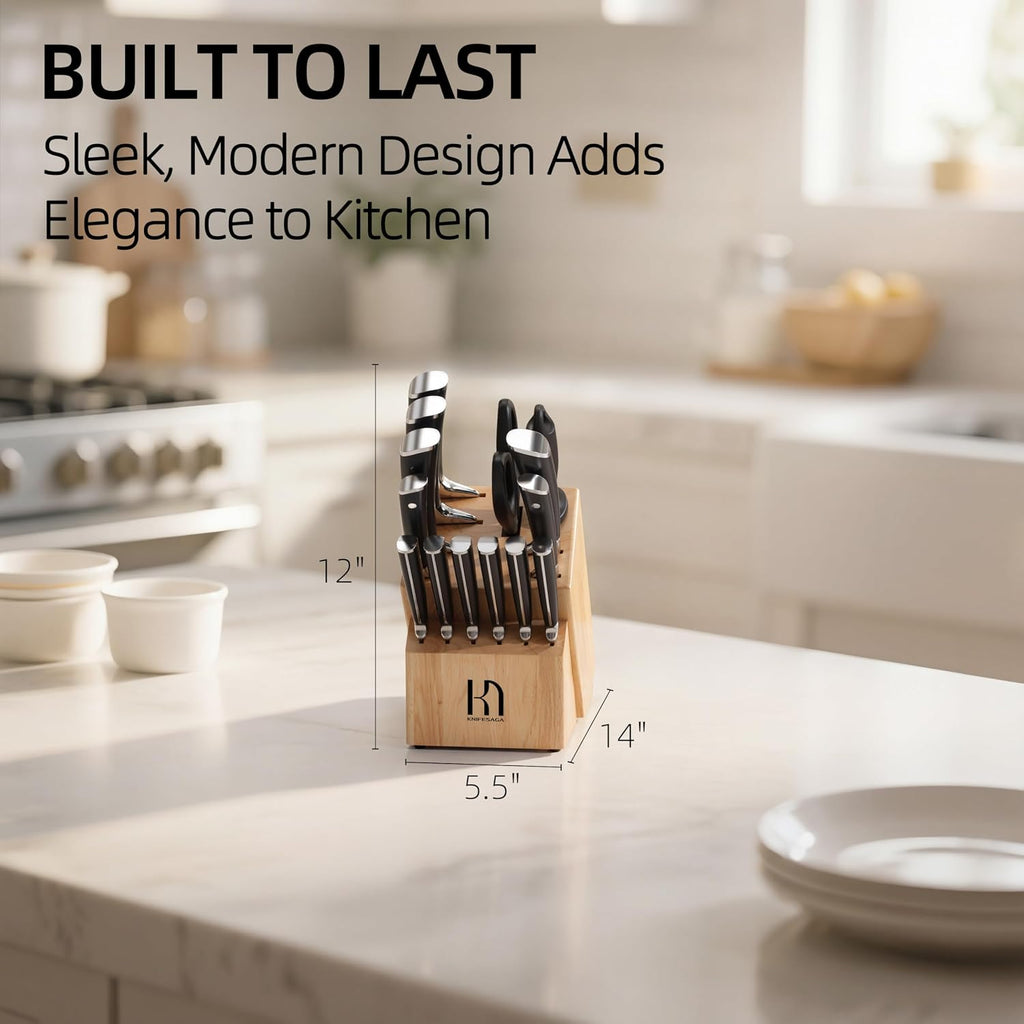 KnifeSaga Knife Set with Block, Japanese 15 PCS Ultra Sharp Ktichen Knives Set, High Carbon Stainless Steel Knife Block Set with Sharpener, Professional Knives with Ergonomic Handle for Home Chefs