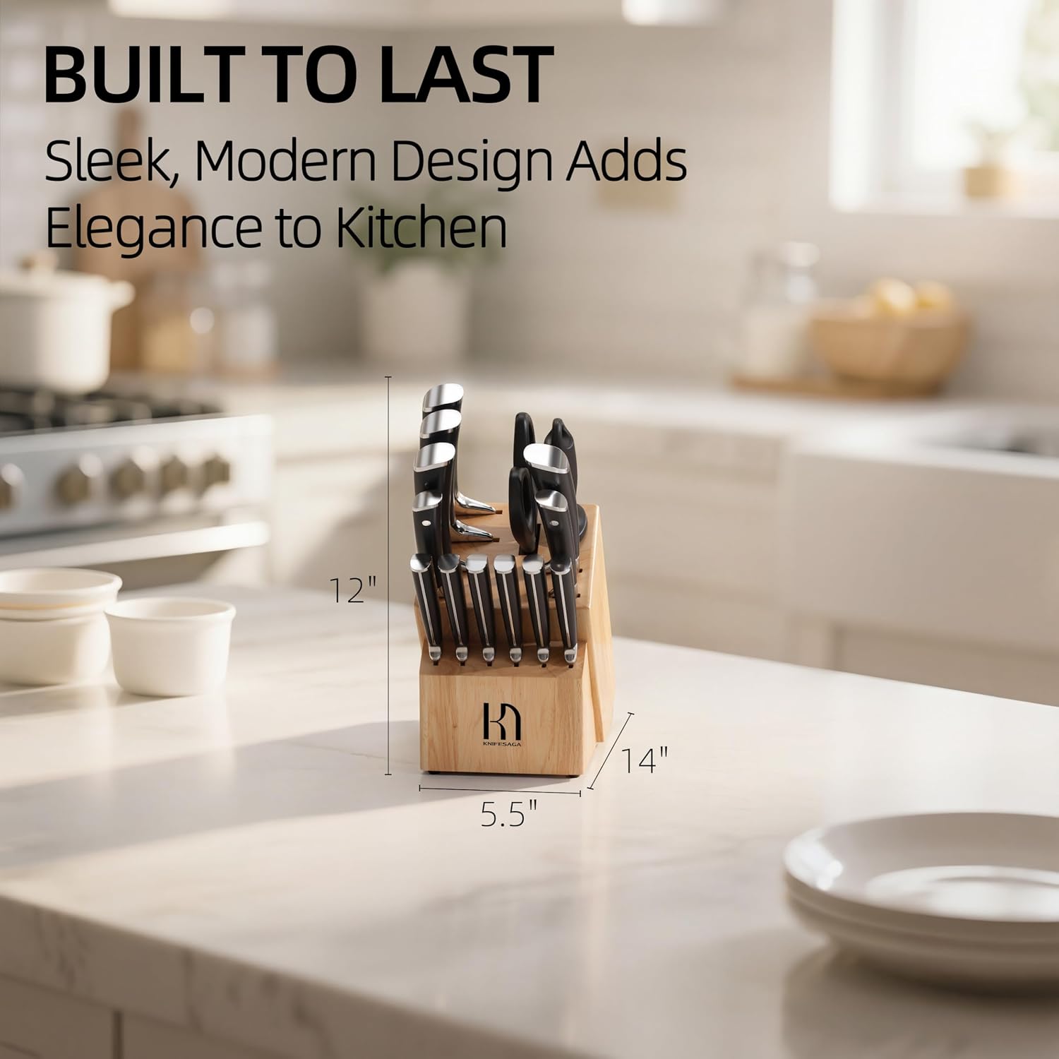 KnifeSaga Knife Set with Block, Japanese 15 PCS Ultra Sharp Ktichen Knives Set, High Carbon Stainless Steel Knife Block Set with Sharpener, Professional Knives with Ergonomic Handle for Home Chefs