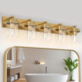 Brushed Gold Bathroom Light Fixtures, 5 Lights Bathroom Lighting Fixtures Over Mirror, Square Design & Rectangle Large Backplate, Modern Vanity Lighting Fixtures, for Living Room/Bedroom