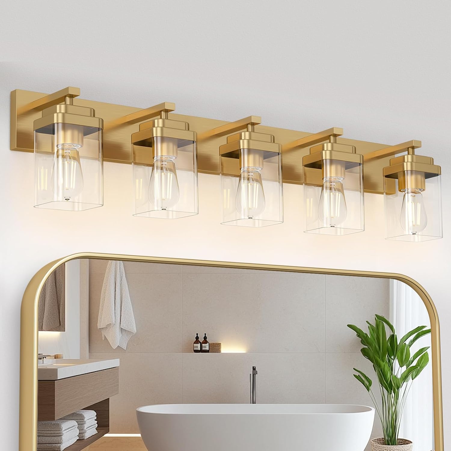 Brushed Gold Bathroom Light Fixtures, 5 Lights Bathroom Lighting Fixtures Over Mirror, Square Design & Rectangle Large Backplate, Modern Vanity Lighting Fixtures, for Living Room/Bedroom