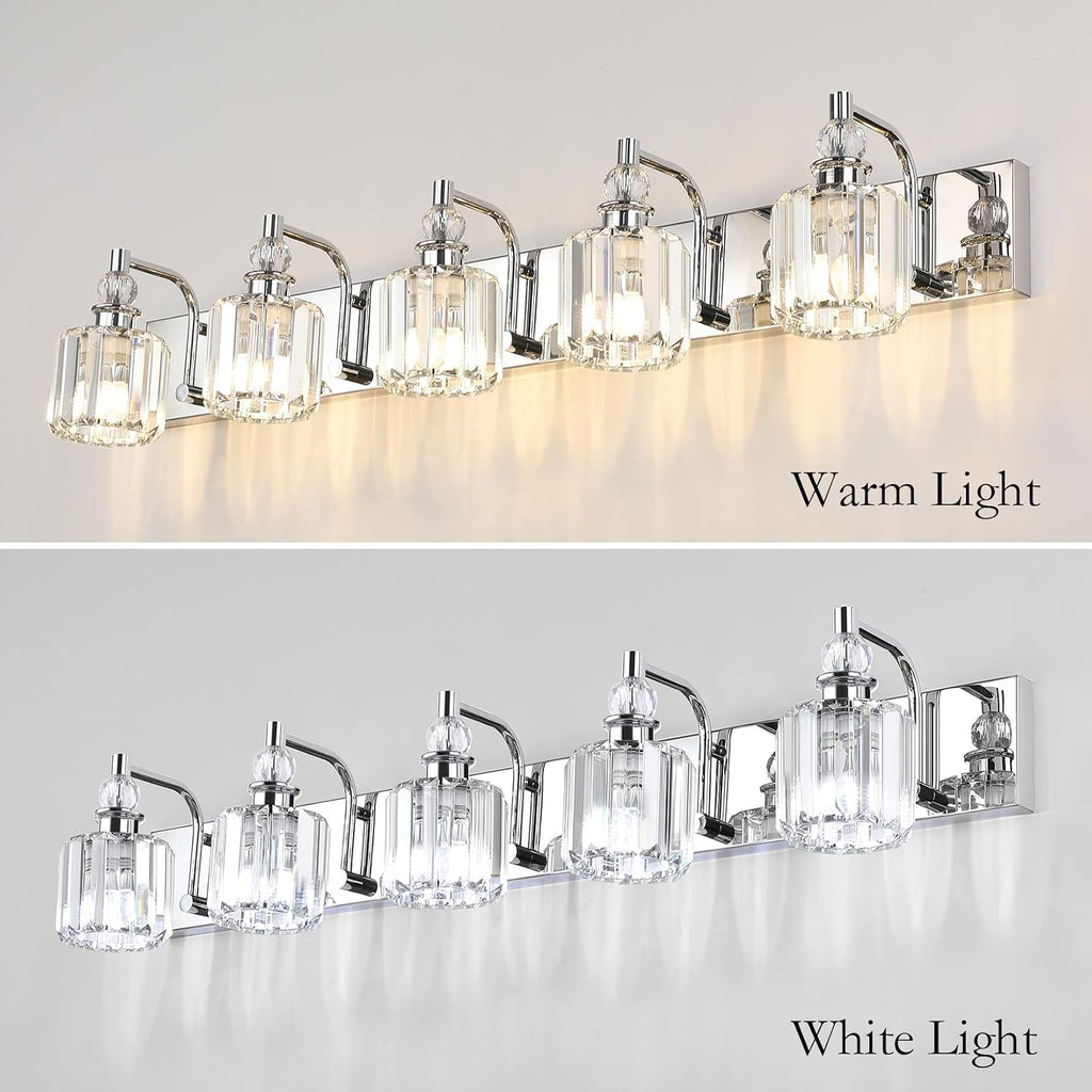 Ralbay Modern Crystal Vanity Lights 5 Light 40' Modern Crystal Bathroom Lights Fixtures Over Mirror Stainless Steel Chrome Vanity Light for Bathroom Wall Lights Fixtures