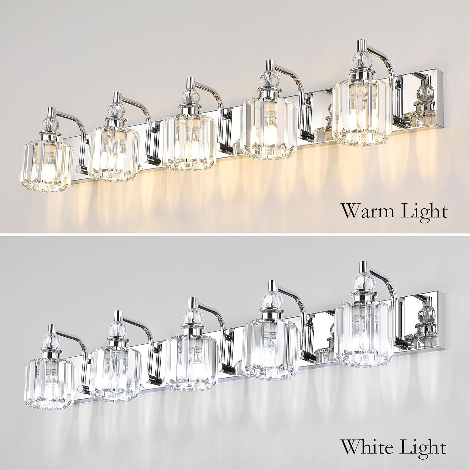 Ralbay Modern Crystal Vanity Lights 5 Light 40' Modern Crystal Bathroom Lights Fixtures Over Mirror Stainless Steel Chrome Vanity Light for Bathroom Wall Lights Fixtures