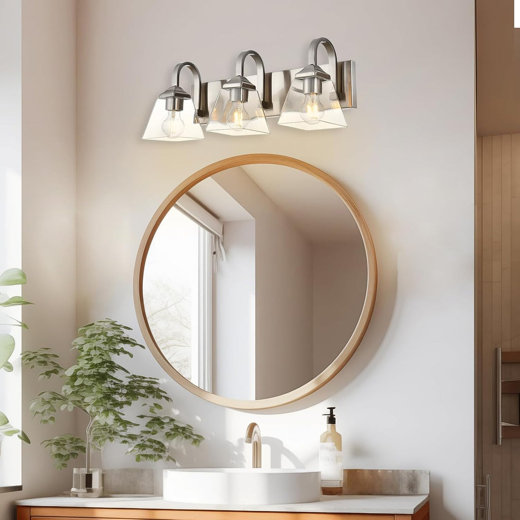 Bathroom Light Fixtures,3 Light Modern Brushed Nickel Vanity Lights Over Mirror Industrial Wall Sconce Lighting with Clear Glass Shades for Bathroom, Vanity Table, Living Room Hallway