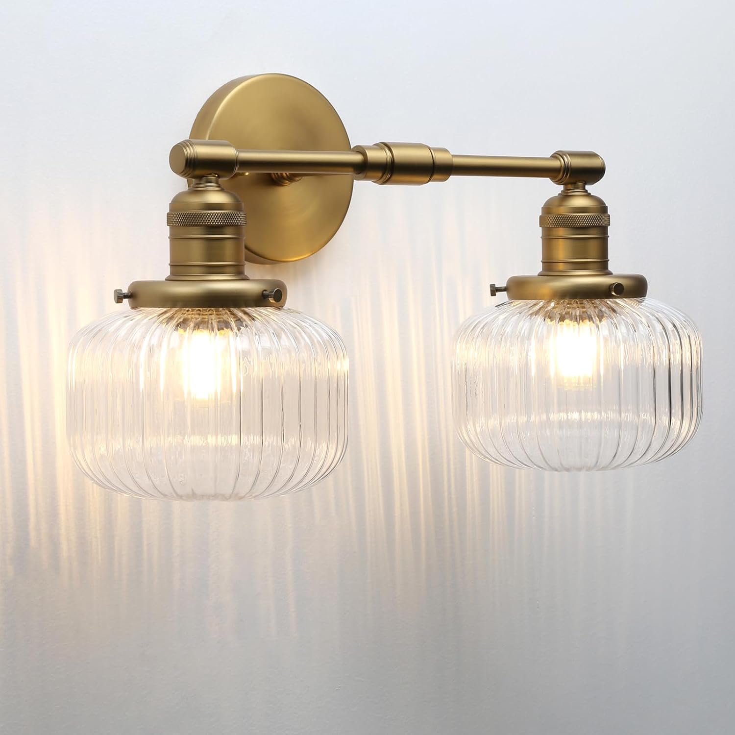2-Lights Industrial Glass Wall Sconces, Antique Brass Clear Striped Globe Shade Wall Light Fixture for Bathroom Vanity, Bedroom, Dining Room, Living Room, Farmhouse, Stairs