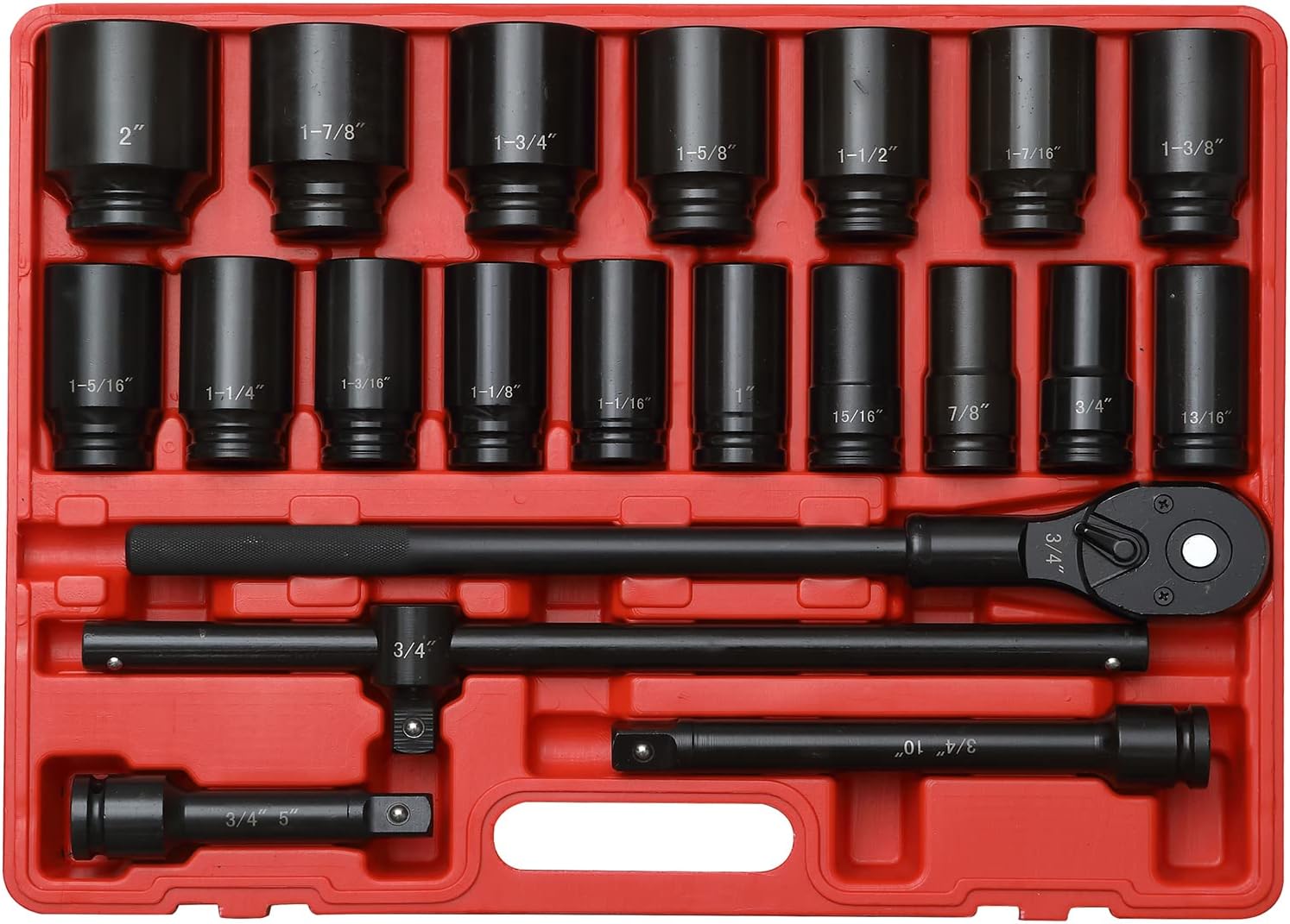 3/4' Drive Impact Socket Set, 21 Piece Deep Socket Assortment, 6-Point Deep Imperial Sizes (3/4-Inch to 2-Inch) | Cr-Mo Steel Includes Adapters and Ratchet Wrench Andextension Rod