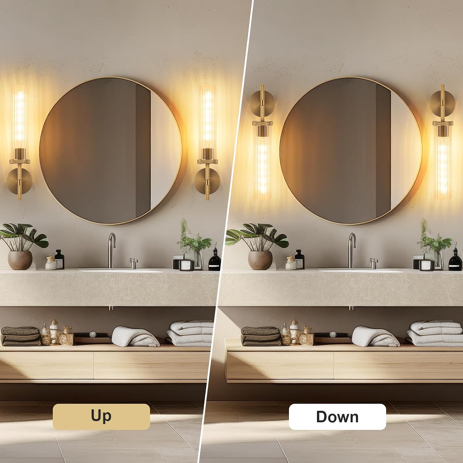 19.5' Knurled Gold Hardwired Wall Sconces Set of 2, Bathroom Vanity Light Fixtures with Vertical Striped Glass Tube, Modern Lamp Lighting for Bedroom, Living Room, Hallway, Staircase, Mirror, Kitchen
