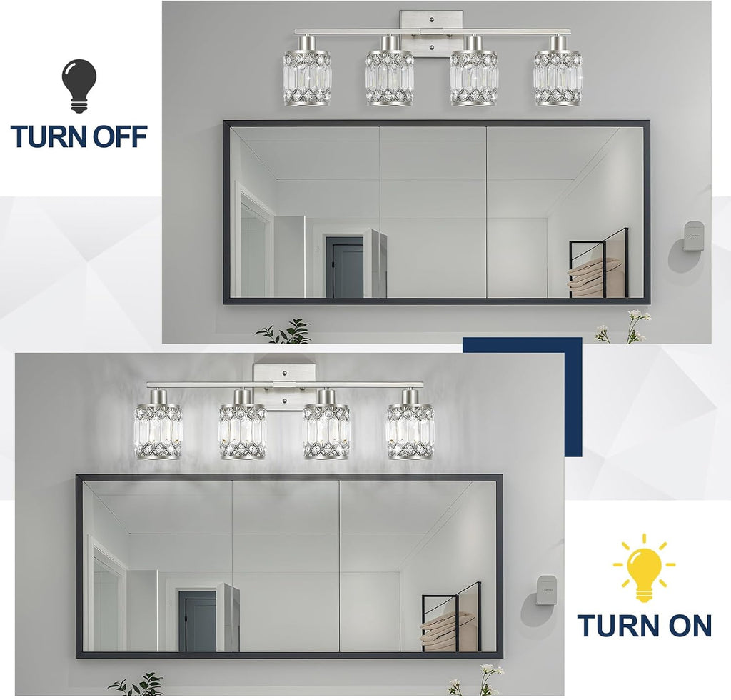 Crystal Modern Bathroom Light Fixtures, 4-Light Brushed Nickel Bathroom Vanity Wall Light, Vanity Lights for Mirror, Restroom, Bedroom (E26 Socket, Bulbs Not Included)