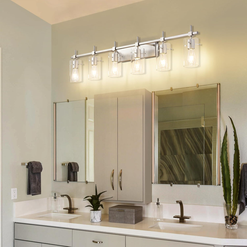 SOLFART 49.2 inch 6 Lights Vanity Light fixtures for Bathroom Vintage Bathroom Light Fixture Brushed Nickel Light Fixtures Above Mirror with Glass Shade (Exclude Bulb)