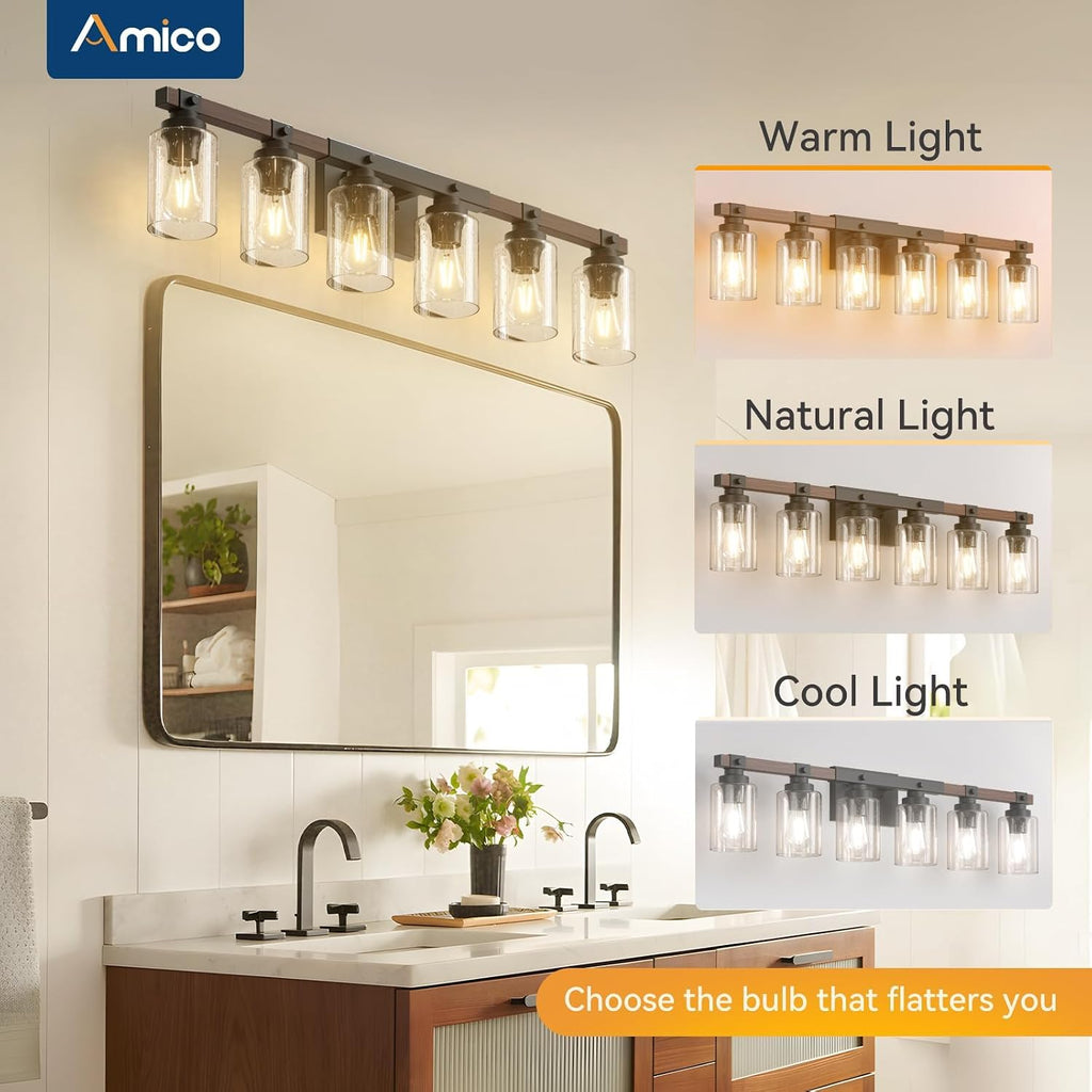 Amico Farmhouse Bathroom Vanity Light Fixtures,Rustic 6-Light Industrial Painted Wood Lights,Vintage Black Wall Sconces Bathroom Vanity Lighting with Bubble Glass Shade
