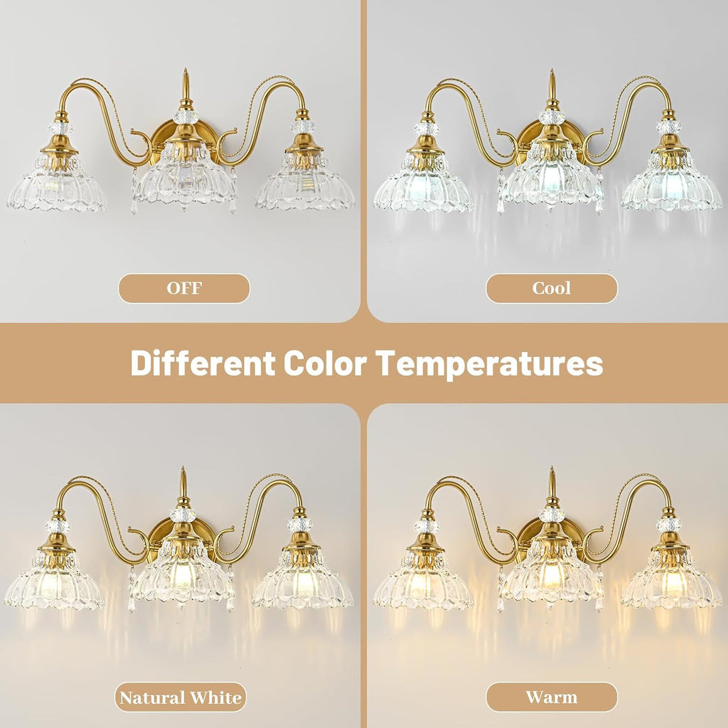 Vintage Bathroom Vanity Light, 3-Light Brushed Gold Finish Wall Sconce with Hanging Crystal Accents and Flower-Shaped Clear Glass Shades, Retro Wall Mount Vanity Light Over Mirror for Bathroom