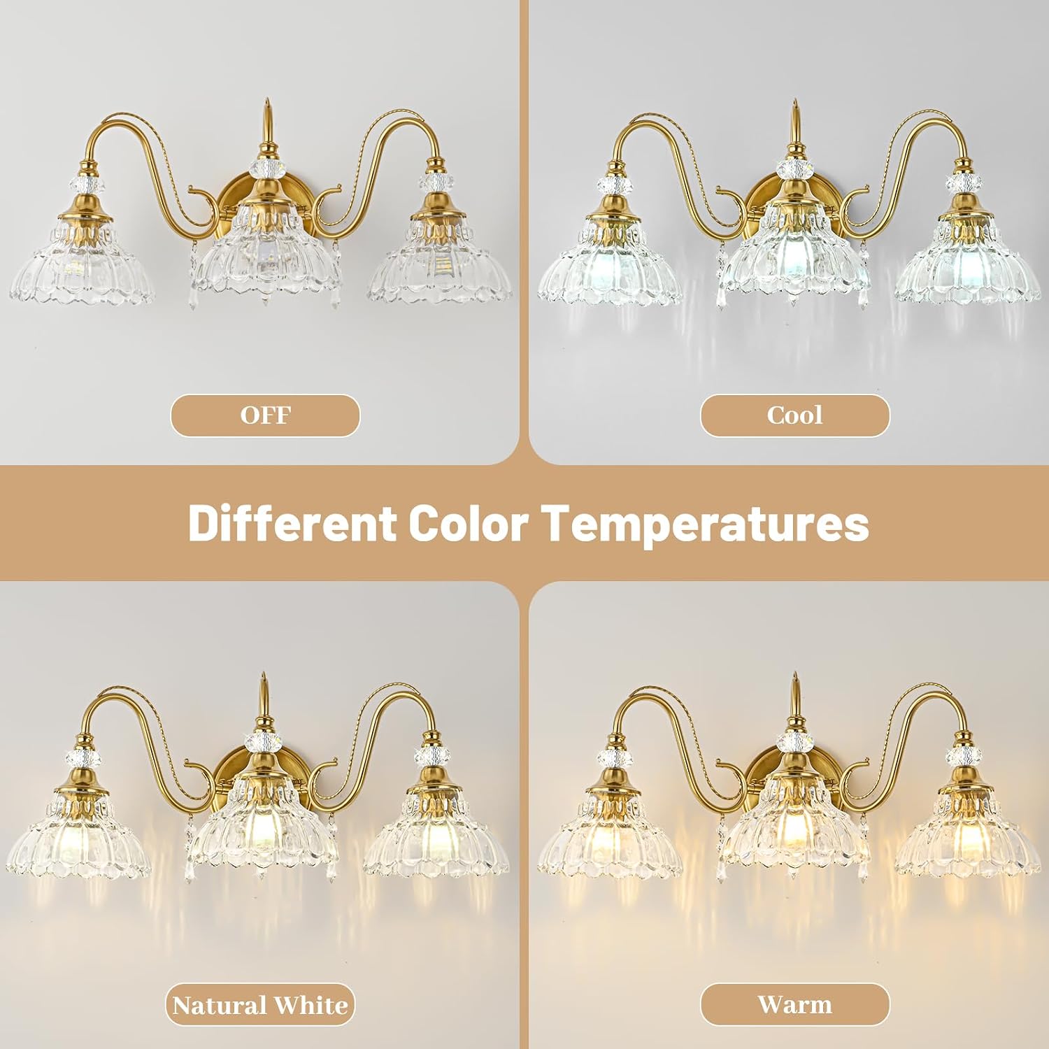 Vintage Bathroom Vanity Light, 3-Light Brushed Gold Finish Wall Sconce with Hanging Crystal Accents and Flower-Shaped Clear Glass Shades, Retro Wall Mount Vanity Light Over Mirror for Bathroom