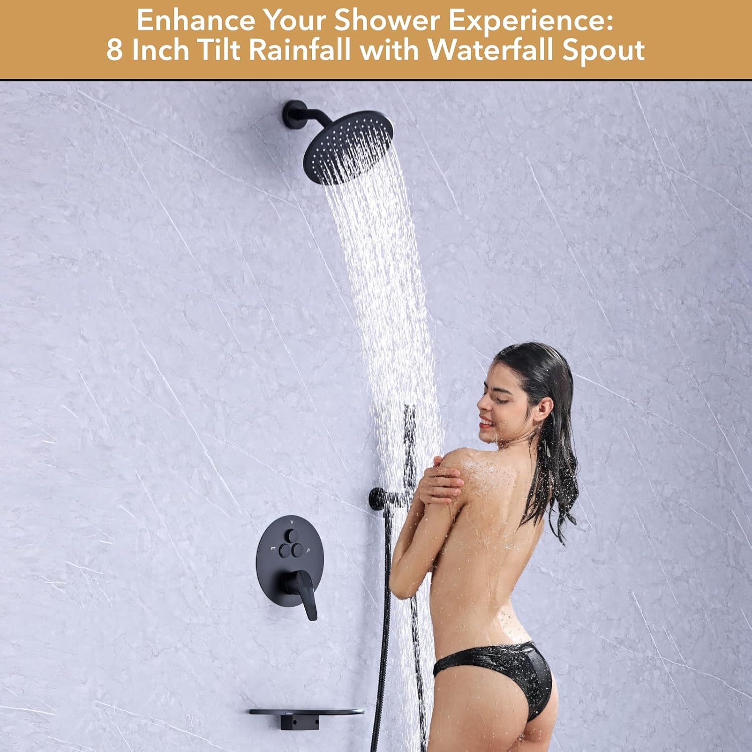 VANFOXLE Shower Faucet Set Matte Black Shower System,Push Button Diverter Shower Faucet with 2 in 1 Handheld,Wall Mount 8 Inch Shower Head with 9 Inch Bathtub Waterfall Spout