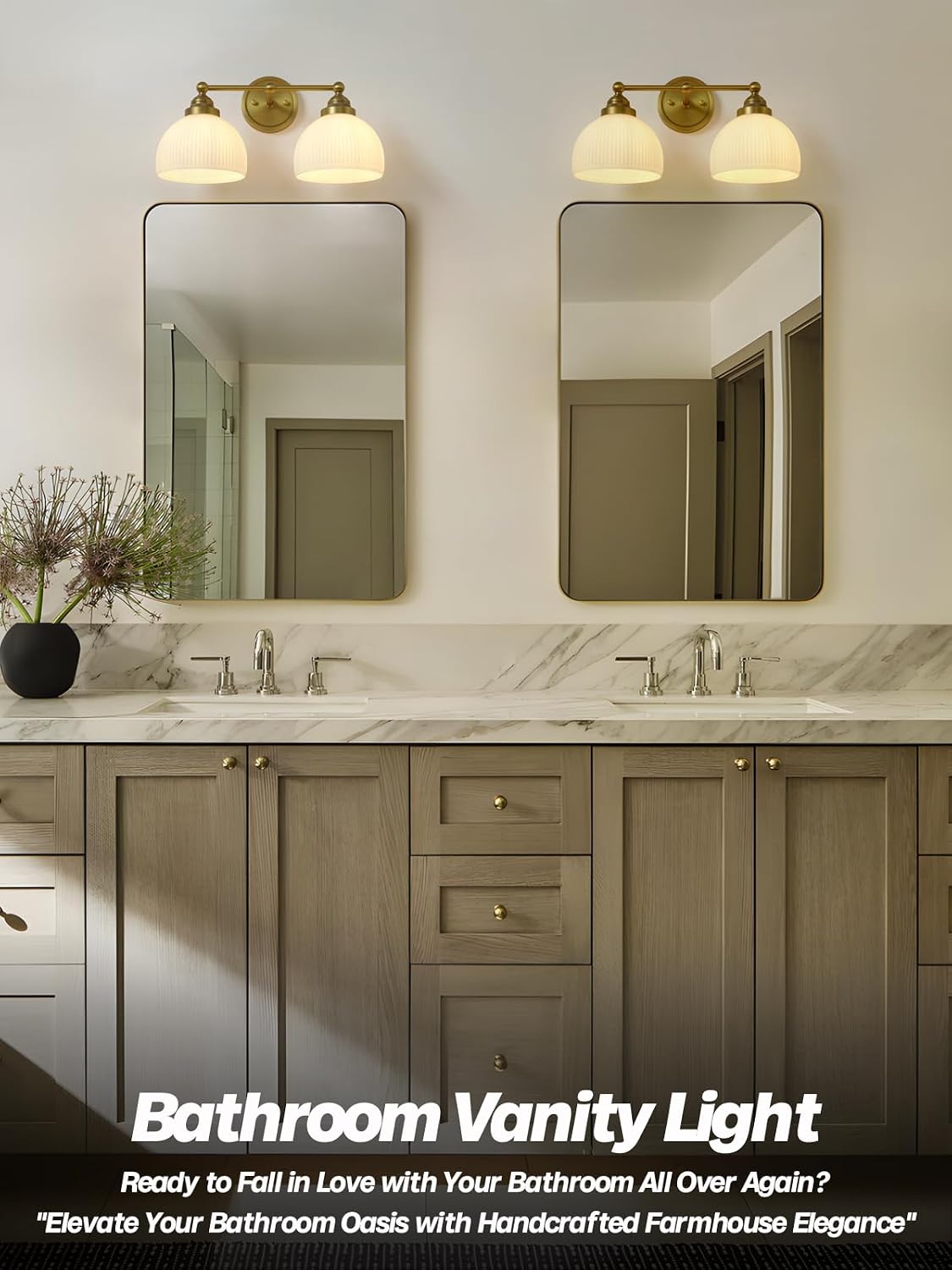 2-Lights Milk White Glass Wall Sconce Lighting Brass Finished, Double Arm Bathroom Vanity Light Fixture for Bedroom Living Room Dining Room Hallway