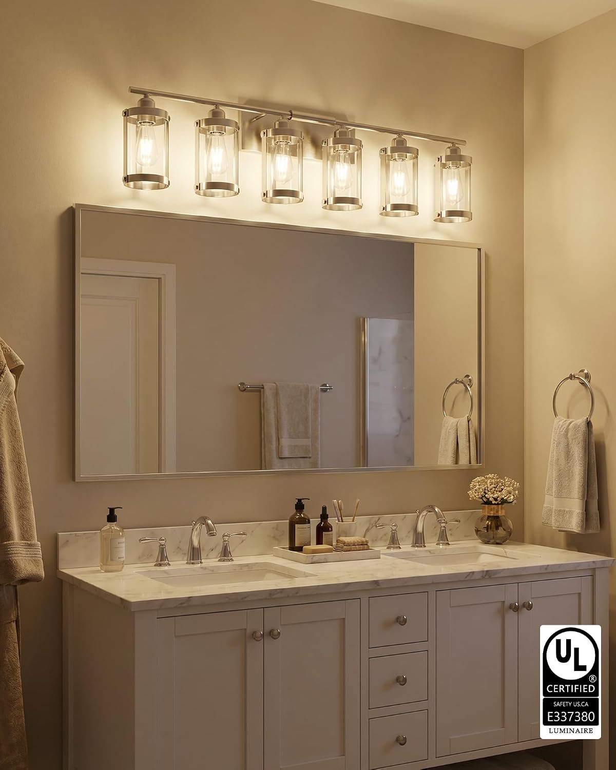 6-Light Brushed Nickel Bathroom Light Fixtures Over Mirror with Clear Glass and Metal Cage Shade, 42' UL-Listed Modern Farmhouse Wall Sconce for Bath, Hardwire E26, OS-3014BN-6W