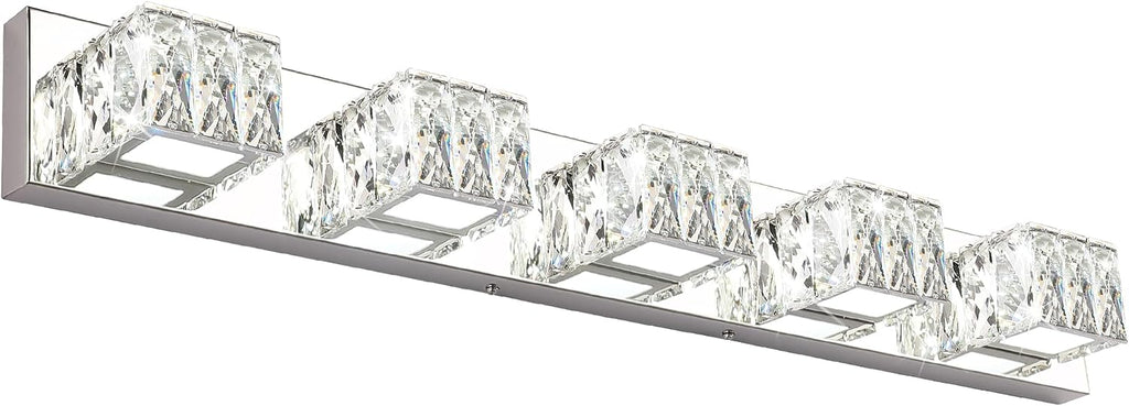 5 Lights Bathroom Vanity Light - Crystal Modern Bathroom Light Fixtures - 30W Dimmable Vanity LED Lights for Restroom - Chrome Bath Light bar Cool White Light
