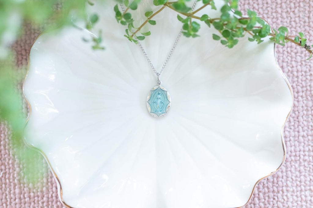 Heartland Store Women's Oval Blue Enamel Miraculous Medal Necklace - 18' Sterling Silver Chain - Elegant Religious Jewelry for Faith and Devotion - USA Made