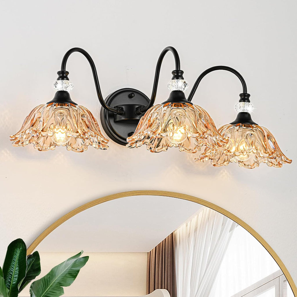 Black Bathroom Vanity Light,3-Light Vanity Light with Floral Amber Glass Shades,Vintage Farmhouse Wall Mount Lighting for Bathroom, Dressing Table