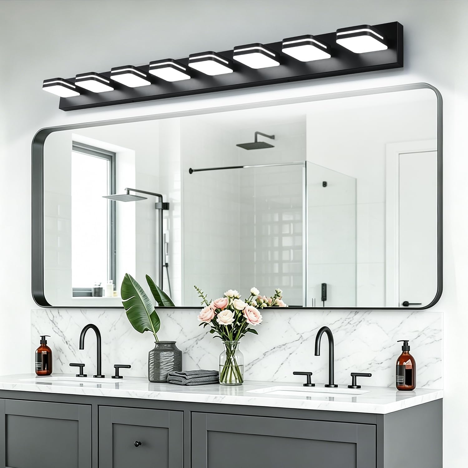 Torondo 360° Rotate LED Bathroom Vanity Light Fixtures, Acrylic Vanity Lights for Bathroom, Modern Wall Lighting Fixtures Over Mirror Living, Matte Black, Natural White, 8-Light, 53-Inch