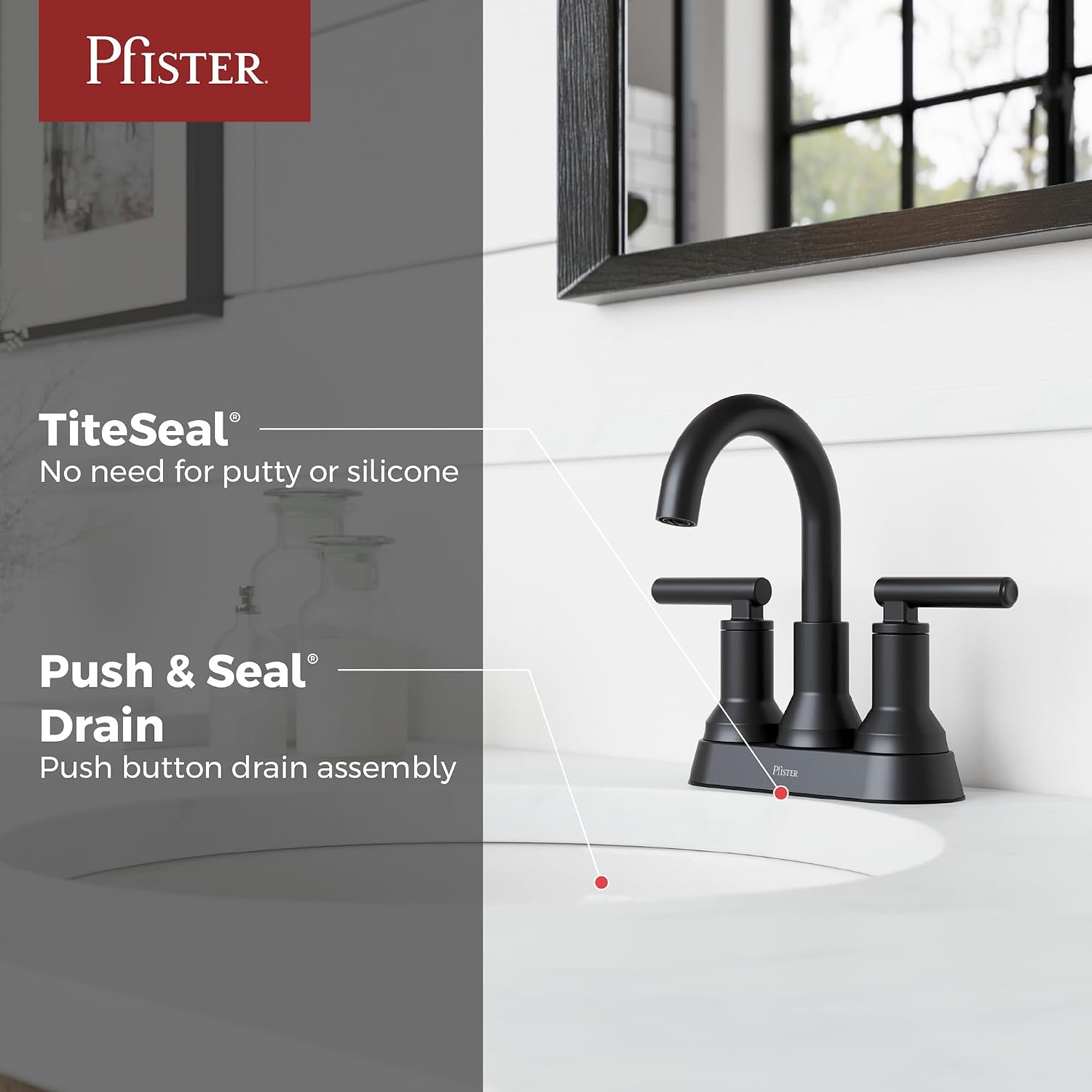 Pfister Capistrano 4 in Centerset 3-Hole Matte Black Bathroom Sink Faucet with 2-Handle Push & Seal Drain Technology WaterSense NSF Certified Vanity Faucet LF048CSOSDB