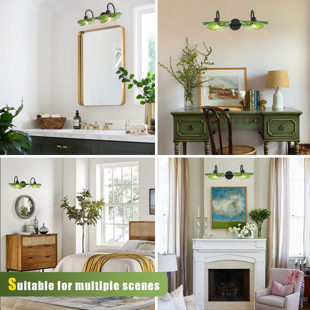 2-Light Vanity Light, Black Wall Sconce with Green Glass Shade, Vintage Bathroom Light Fixture for Over Mirror, Bedroom, Hallway, Living Room