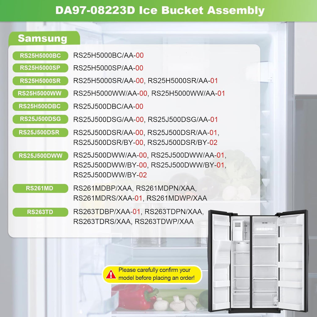 DA97-08223D Ice Bucket Assembly Compatible with Samsung RS25J500DSG RS25J500DSR RS261MDRS RS261MDWP Refrigerator Ice Maker Tray, Replaces DA97-08223A DA97-08223B 2309715 Ice Container