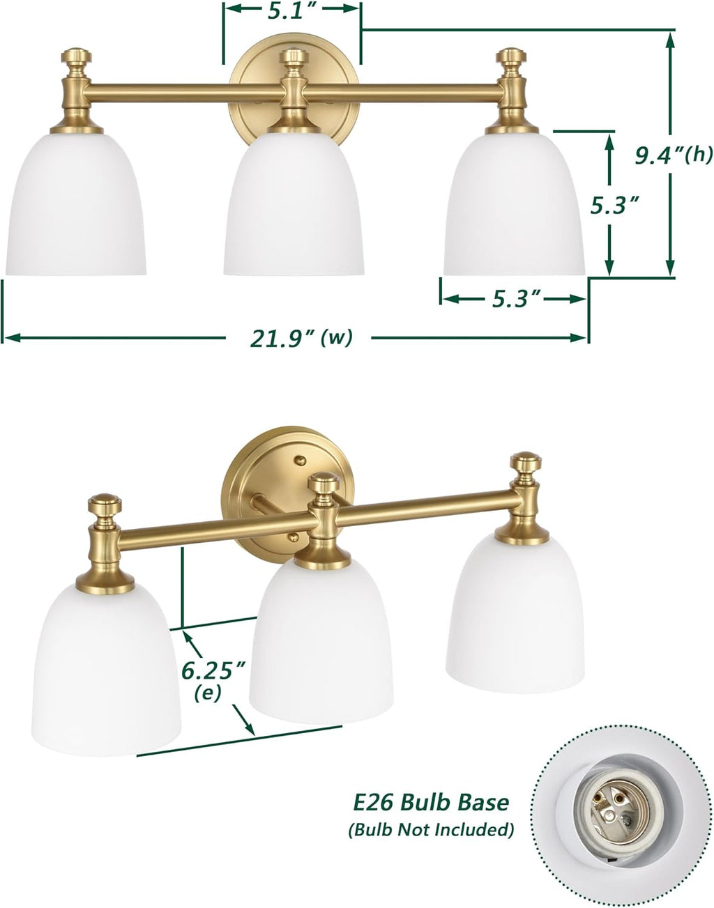 Gold Bathroom Vanity Light, 3-Light Bathroom Light Fixtures Over Mirror, Traditional Vanity Lights for Living Room, Milk White Bell Glass Shades, Standard E26 Base, Aged Brass