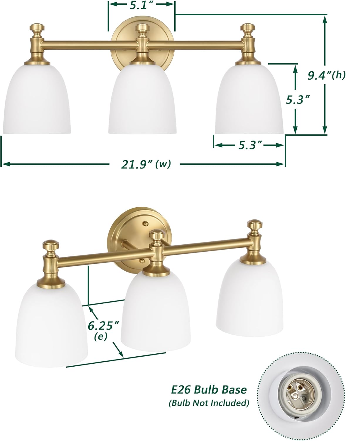 Gold Bathroom Vanity Light, 3-Light Bathroom Light Fixtures Over Mirror, Traditional Vanity Lights for Living Room, Milk White Bell Glass Shades, Standard E26 Base, Aged Brass