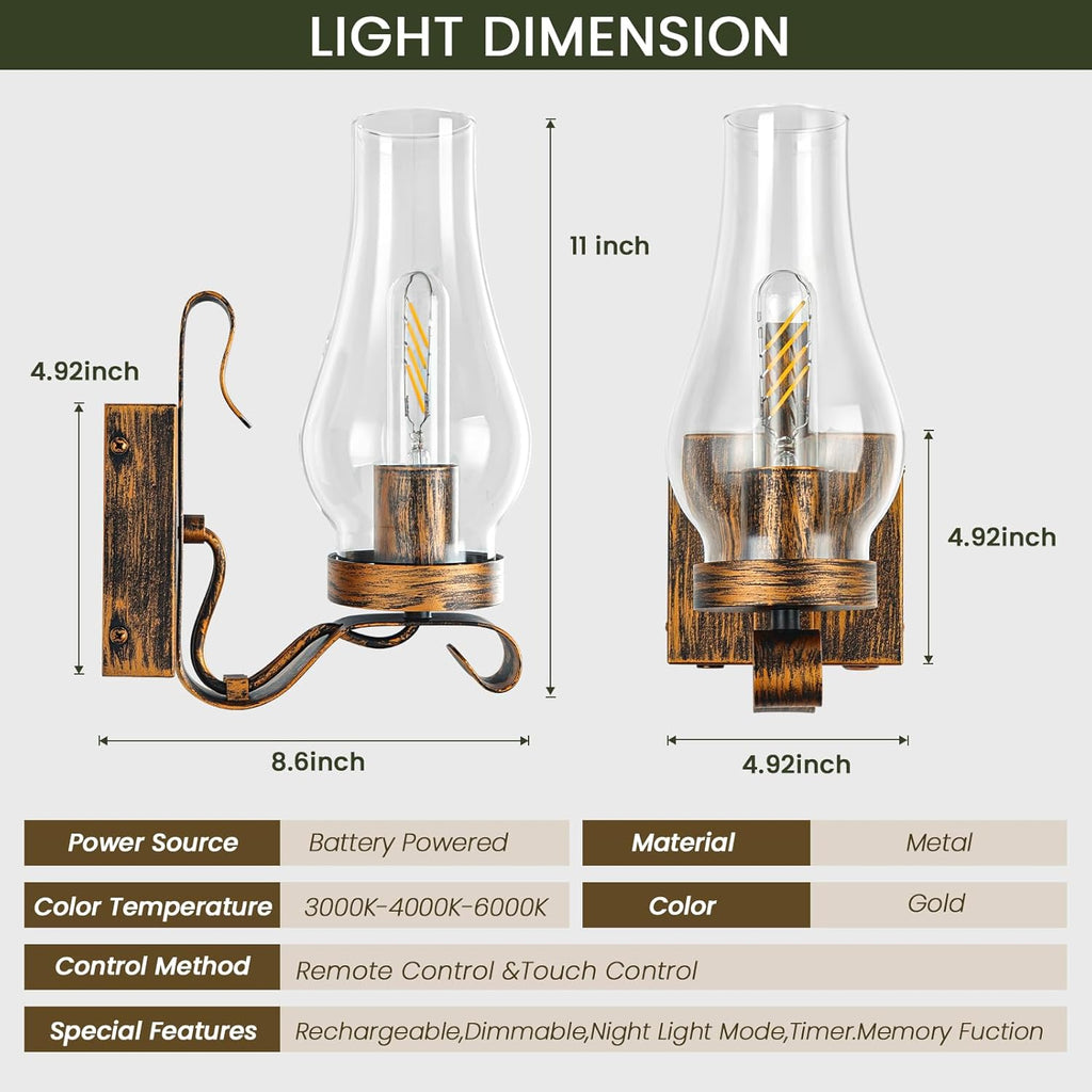 Battery Operated Wall Sconces, Rustic Wall Lights Sets of 2, Non-Hardwired Antique Kerosene Wall Lamps, Vintage Bedside Gold Wall Sconces with Remote for Living Room, Bedroom, Hallway etc