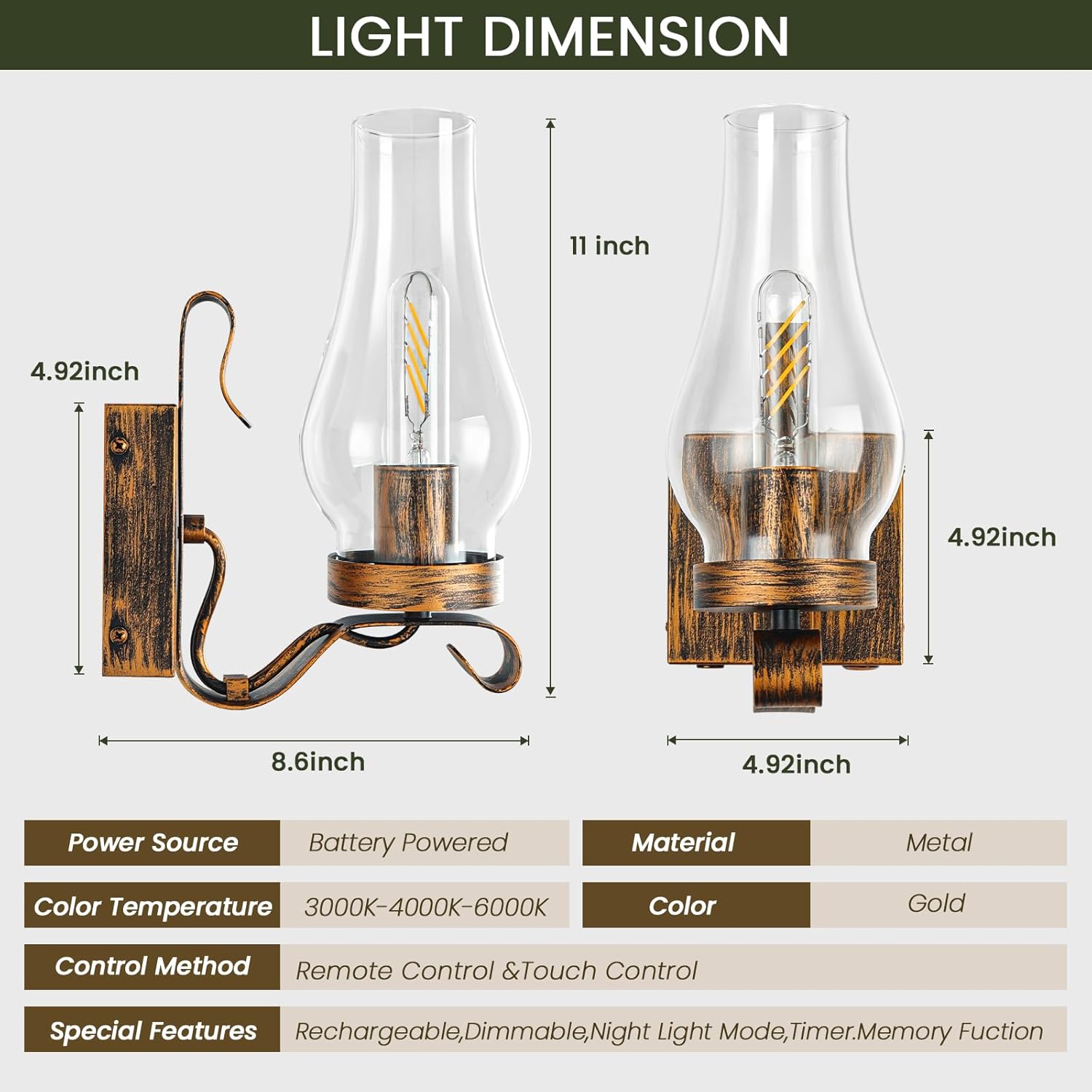 Battery Operated Wall Sconces, Rustic Wall Lights Sets of 2, Non-Hardwired Antique Kerosene Wall Lamps, Vintage Bedside Gold Wall Sconces with Remote for Living Room, Bedroom, Hallway etc