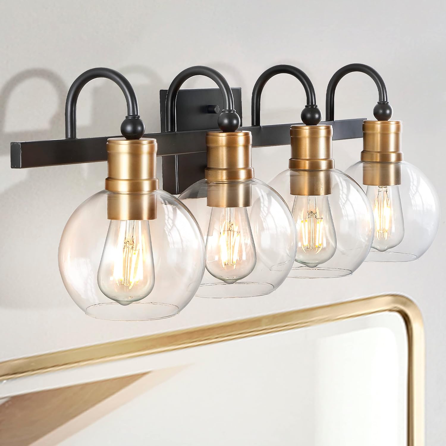 JONATHAN Y 29.75' Black/Brass Gold Vintage Wall Sconce, LED Vanity Light for Bathroom Bedroom Entryway, Clear Glass Globe Shade, Modern Industrial Arched Lamp, LED Bulb Included (JYL3529A)