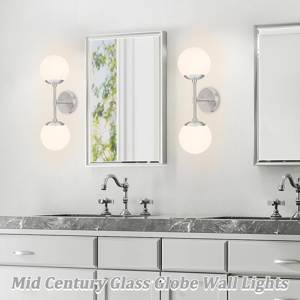 KoKo&Yukina Nickel 2 Pack Vanity Light Fixtures Mid Century Modern Bathroom Vanity Light Globe Sconce with Milky White Glass for Bathroom Bedroom